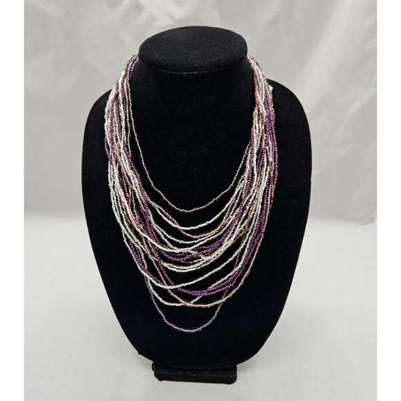 Cookie Lee Necklace Purple Silver Tone Beads Multi Strand 22 inch Jewelry - Picture 2 of 10